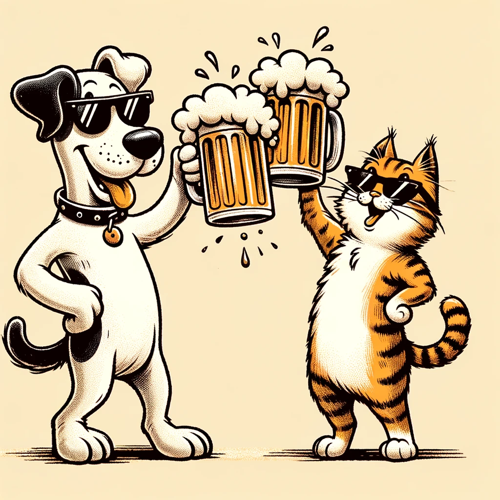 Cartoon-Illustration eines Hundes und einer Katze, die auf zwei Beinen stehen und mit Bierkrügen anstoßen. Beide tragen Sonnenbrillen, und das Bier schwappt aus ihren Krügen. Der Stil ist humorvoll und erinnert an klassische Comicstrips