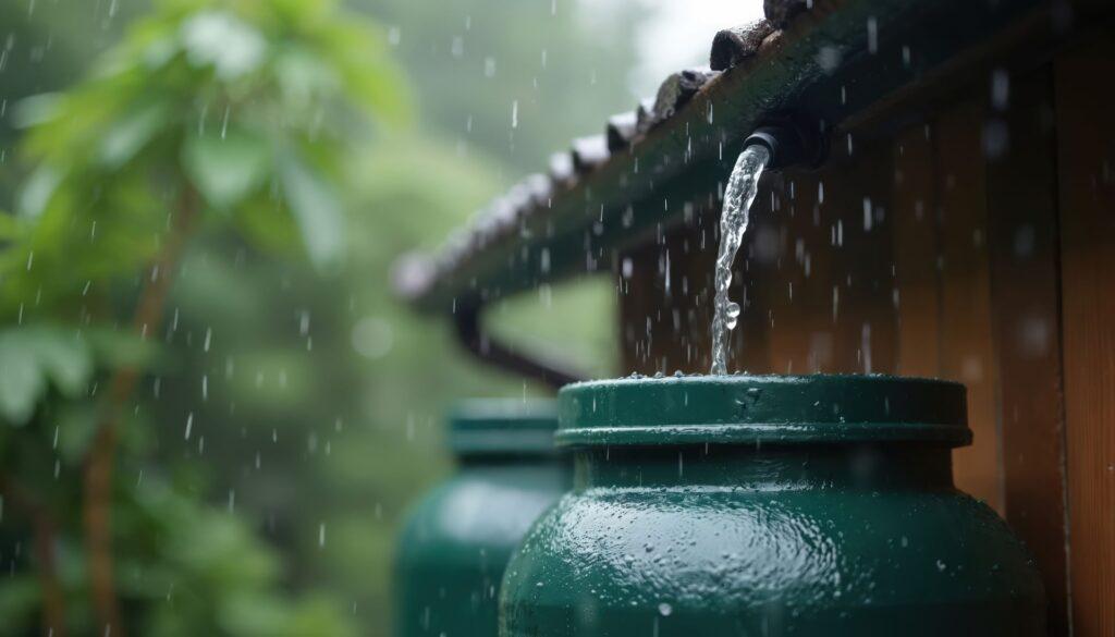 Regenwasser fließt bei starkem Niederschlag vom Dach in eine grüne Zisterne am Haus – einfache Lösung zur Gartenbewässerung.