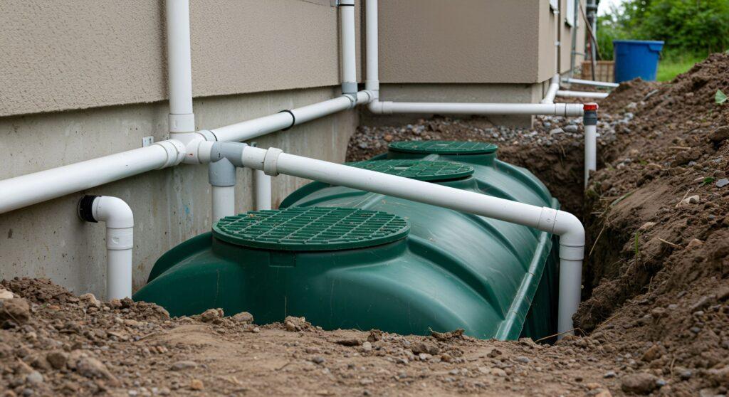 Mehrkammer-Zisterne unter der Erde, angeschlossen an ein Dachentwässerungssystem mit weißen PVC-Rohren.